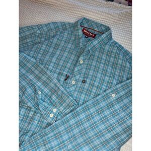 Simms Fishing Shirt Mens XL Blue Plaid Long Sleeve Button Down Ventilated